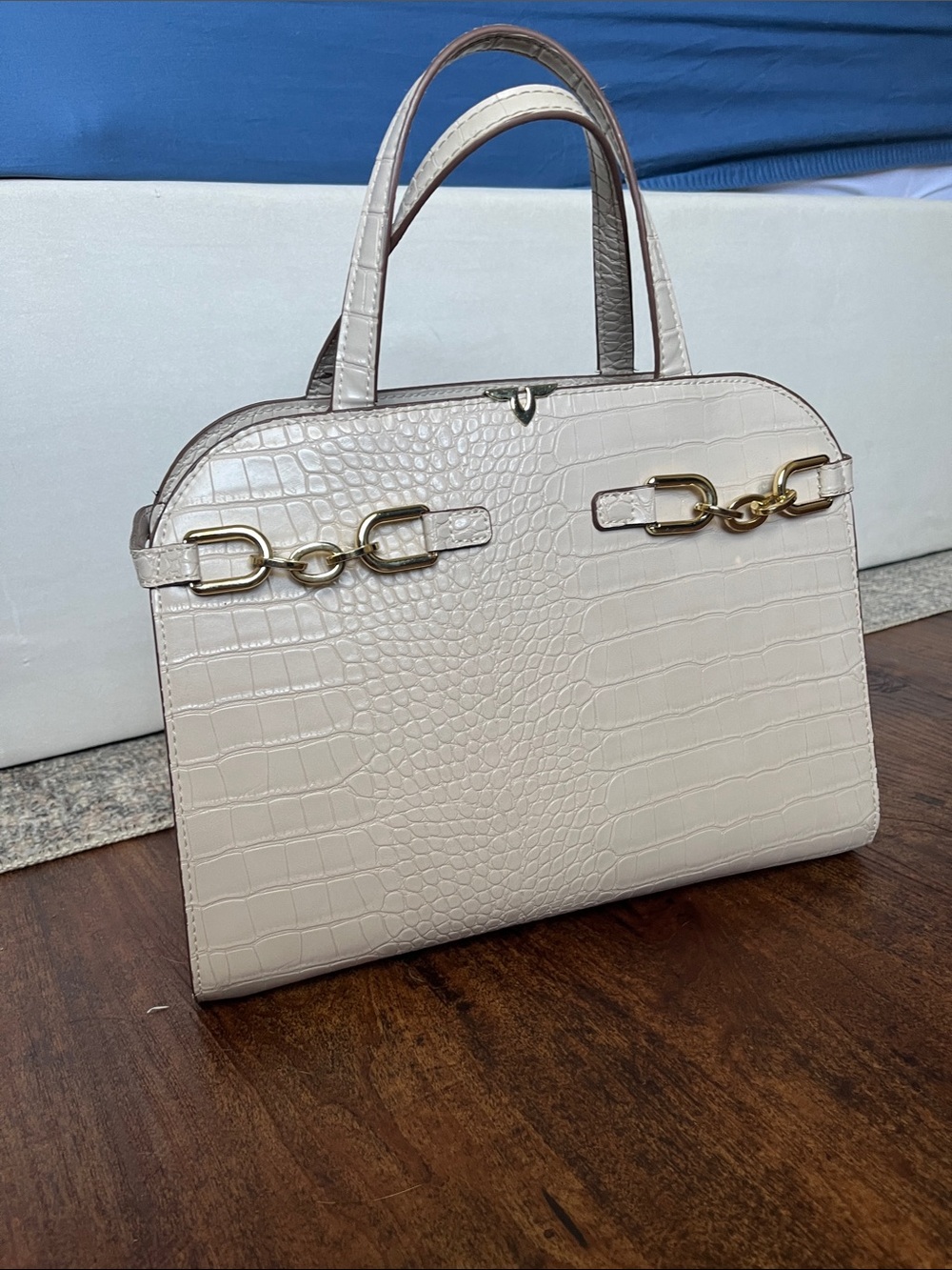 Beige Kate Landry Crocodile Texture Handbag With Gold Hardware